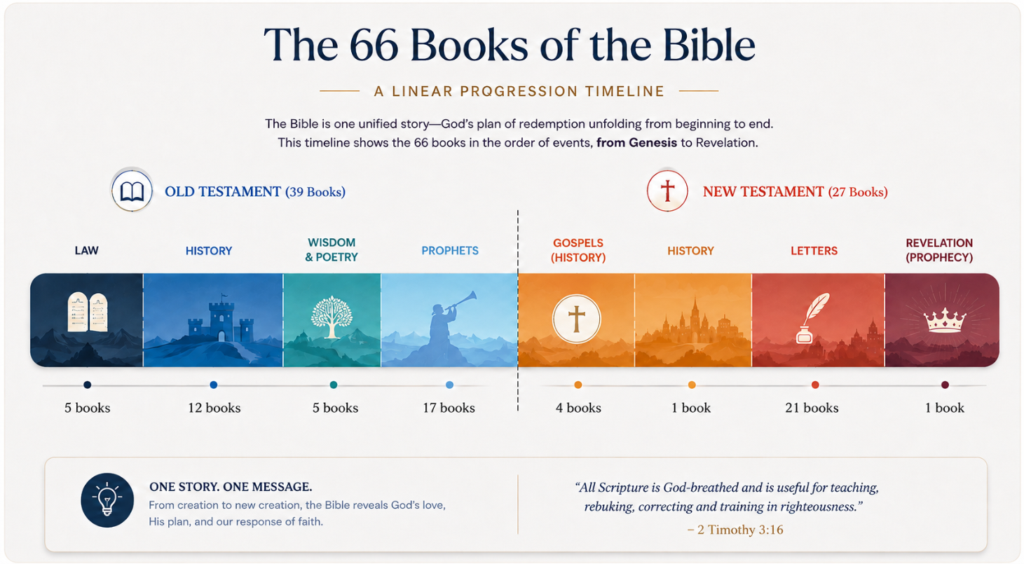 The 66 Books of the Bible — a linear progression timeline from Genesis to Revelation