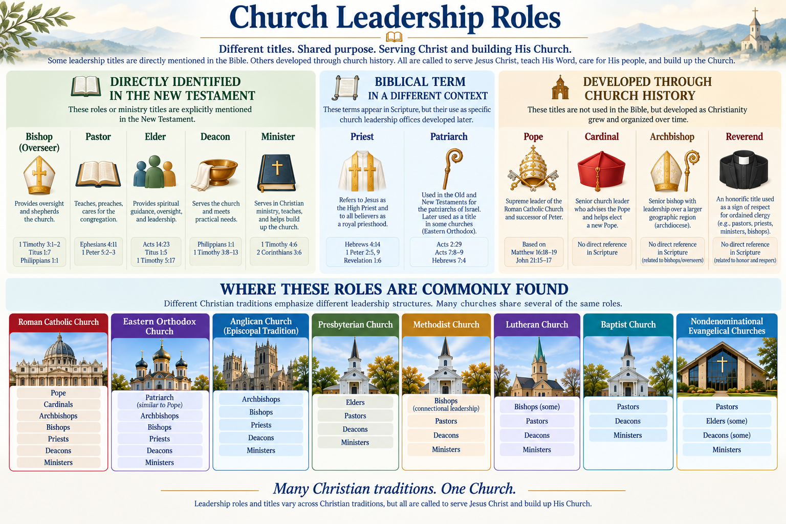 Church Leadership Roles infographic showing biblical and historical titles across Christian traditions