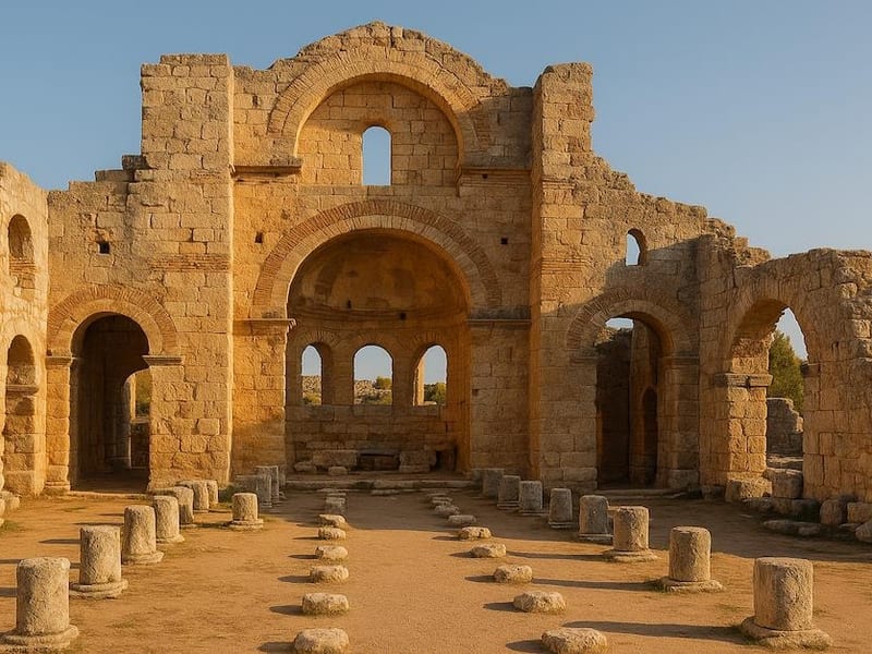 Ancient stone Christian church ruins with warm sunlight