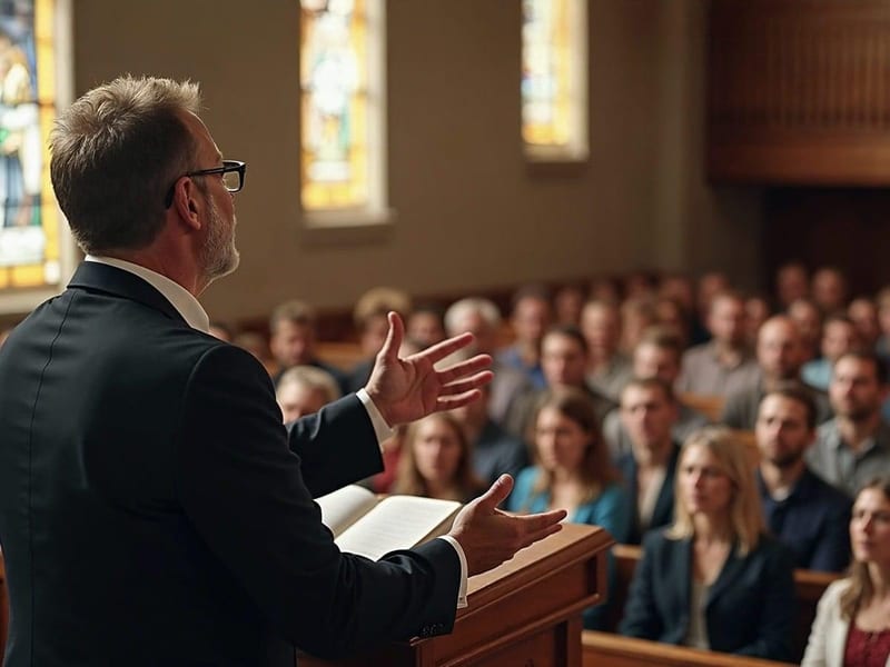 Pastor speaking to a congregation in a welcoming church interior